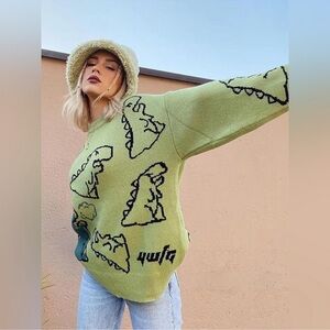 Aelfric Eden Green Dinosaur Cartoon Pattern Oversized Knit Sweater Size Large